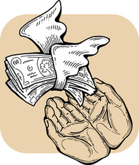 Big dollars banknotes money in your hands. Finance business, commerce, payment economy  theme for poster print, vector elements. Take or give loan. Hand drawn illustration. Cartoon style drawing.