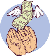 Big dollars banknotes money in your hands. Finance business, commerce, payment economy  theme for poster print, vector elements. Take or give loan. Hand drawn illustration. Cartoon style drawing.