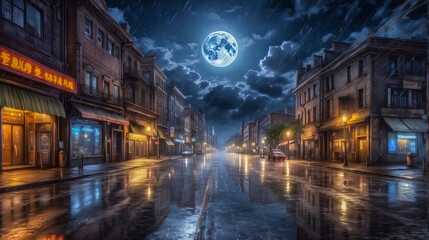 Fototapeta na wymiar Wet Street At Night Reflects the Sky And Beautiful Lights Of the Buildings after The Rain. Landscape Of Street With Full Moon with Clouds and Buildings.