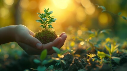 Fototapeta premium Human hands cradle a small plant, representing the concept of reducing global warming through environmental conservation and reforestation..