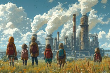 children with their backs turned observing a factory with chimneys that pollute - obrazy, fototapety, plakaty