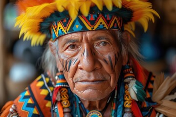 closeup indigenous american indian man with feathers