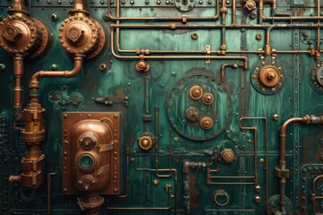 background of machinery and copper pipes on steel wall - obrazy, fototapety, plakaty