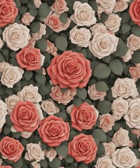 Coral and white roses with leaves, perfect background pattern