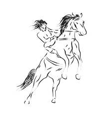 rider sits on top of a wild horse