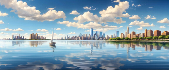 Urban Skyline Landscape with tall buildings and river reflection, and a boat on the river. clouds in the sky.