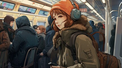 An anime character commuting