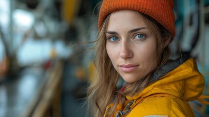 Fototapeta premium Portrait of empowered female maritime professional at work. Hard working woman at the ship. Maritime concept. Work concept. Woman concept.