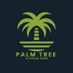 Obraz premium Sunset sea ocean beach logo design.palm tree logo design vector.wave logo design.leaf tree logo design 