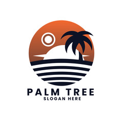 Obraz premium Sunset sea ocean beach logo design.palm tree logo design vector.wave logo design.leaf tree logo design 
