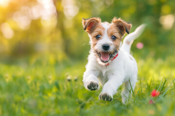 A joyful puppy with white and brown fur is running through a sunny field, full of happiness and energy.