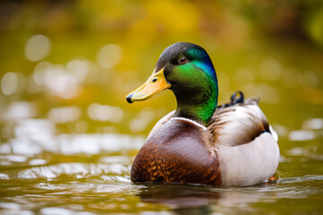 Fototapeta premium A mallard duck with iridescent green head feathers floating serenely on calm water with a blurred yellow background.