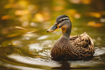 A serene female mallard duck floats gracefully on tranquil water, with autumn leaves reflected in the golden-hued ripples around her.