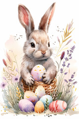 A bunny with a basket of easter eggs, easter holiday 