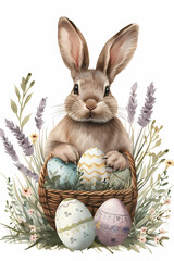 A bunny with a basket of easter eggs, easter holiday 