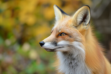 A red fox in profile with autumn colors in the background.