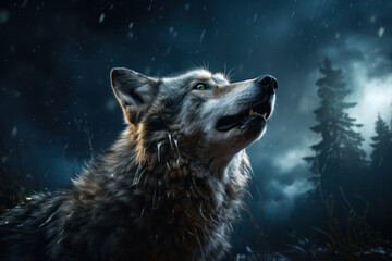 A lone wolf howling at the moon, conveying a sense of solitude and longing. Concept of solitude. Generative Ai.