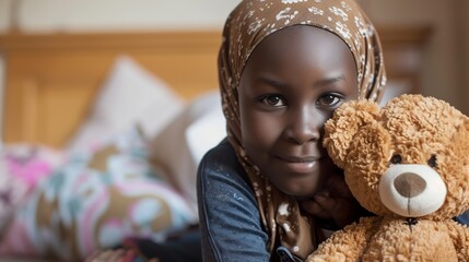 A beautiful girl who has leukemia sits on the floor in her room holding a teddy bear. Girl undergoing treatment for leukemia wearing a headscarf and smiling. - obrazy, fototapety, plakaty