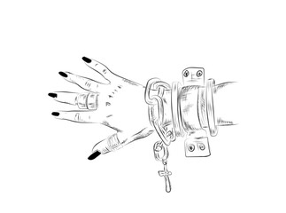 hand in shackles, sketch on a white background