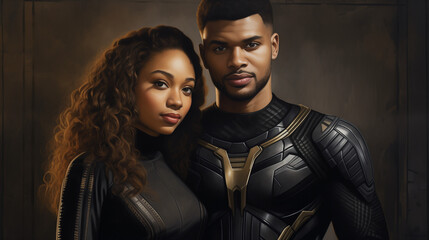 Super human couple with black and gold super suits standing together ready. Female superhuman with long black flowing curly hair and Male superhuman with stylish fade and clean cut beard and mustache