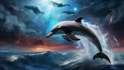 Rolgordijnen Dolphins breaking waves © alhaitham