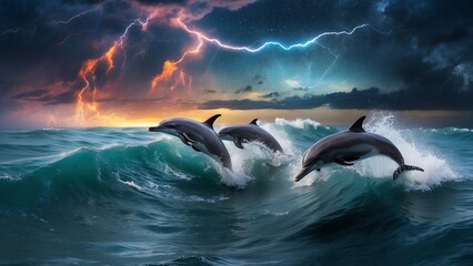Dolphins breaking waves