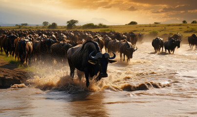 Spectacular Serengeti Wildebeest Migration: Witness Nature's Epic Journey Across the Vast African Plains - obrazy, fototapety, plakaty