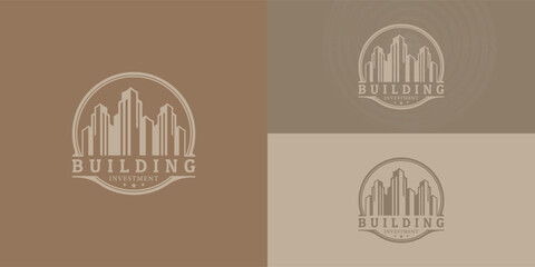 Simple vintage building, retro real estate label design, rustic hipster city skyline stamp logo presented with multiple background colors. The logo is suitable for a Real Estate logo design template