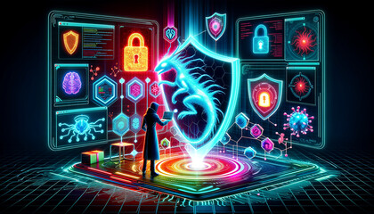 Futuristic Cyber Analyst Engaging with Vibrant Malware in High-Tech Lab