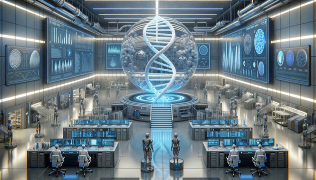 Futuristic DNA Analysis Lab with AI Assistants and Holographic Screens.