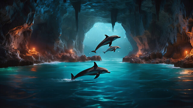 Dolphins exploring enchanted caves