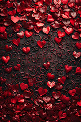 Romantic backdrop with a tapestry of small red hearts and curling ornaments