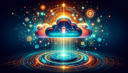 Whimsical virtual private cloud in vibrant Pop Futurism style.
