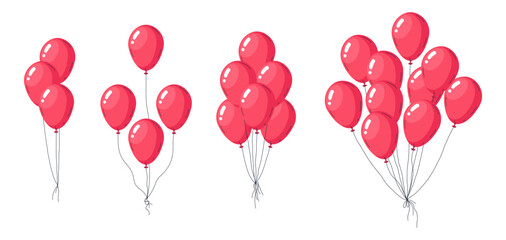 Helium floating balloons. Red balloons bunches, flying red glossy balloon flat vector illustration set. Balloons birthday party decorations on white © Torontotokio