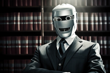 A smiling robot dressed as a lawyer