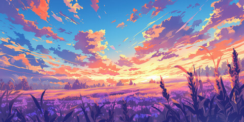 Lavender Fields Anime Sunset