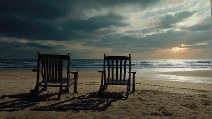 Fototapeta na wymiar 2 chair with sunset on the beach