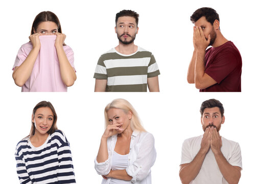 Embarrassed people on white background, set with photos