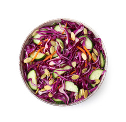 Fototapeta premium Tasty salad with red cabbage and pumpkin seeds in bowl isolated on white, top view