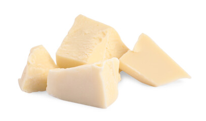 Pieces of tasty chocolate isolated on white