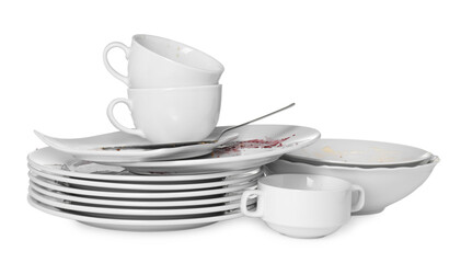 Set of dirty dishes isolated on white