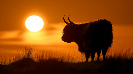 Sunset Silhouette of Highland Cow