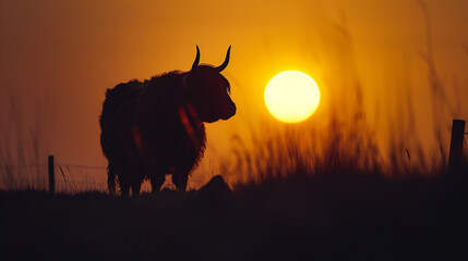Highland Cow Against the Sunset Glow