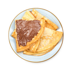 Tasty crepes with chocolate paste isolated on white, top view