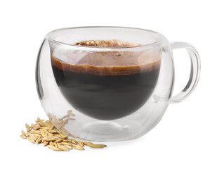 Cup of barley coffee and grains isolated on white