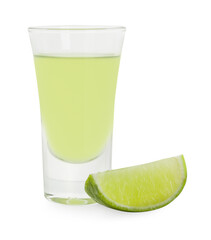 Shooter in shot glass and lime wedge isolated on white. Alcohol drink