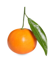 Fresh ripe juicy tangerine with green leaf isolated on white