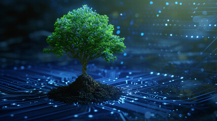 Technology trees growing on network lines, green energy network ecology concept illustration