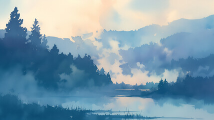 Watercolor Mist Over River Valley at Dawn