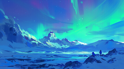 Northern Lights Snowy Landscape Watercolor